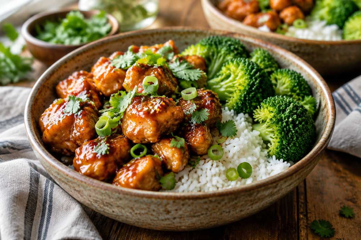 Hot honey chicken bowls with rice, broccoli, and fresh herbs in rustic bowls
