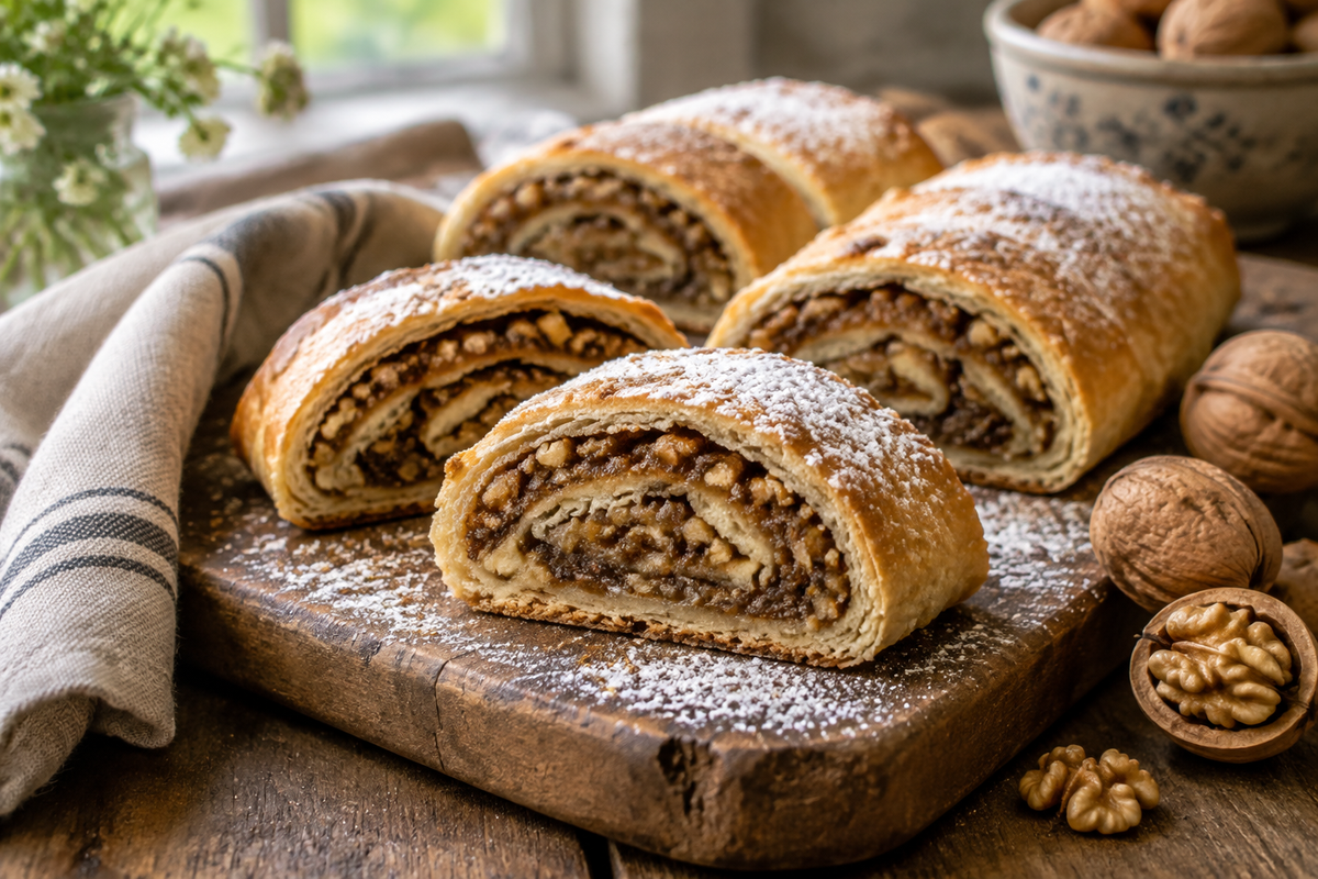 Sliced Italian nut roll cookies showing flaky crust and rich walnut filling on rustic board