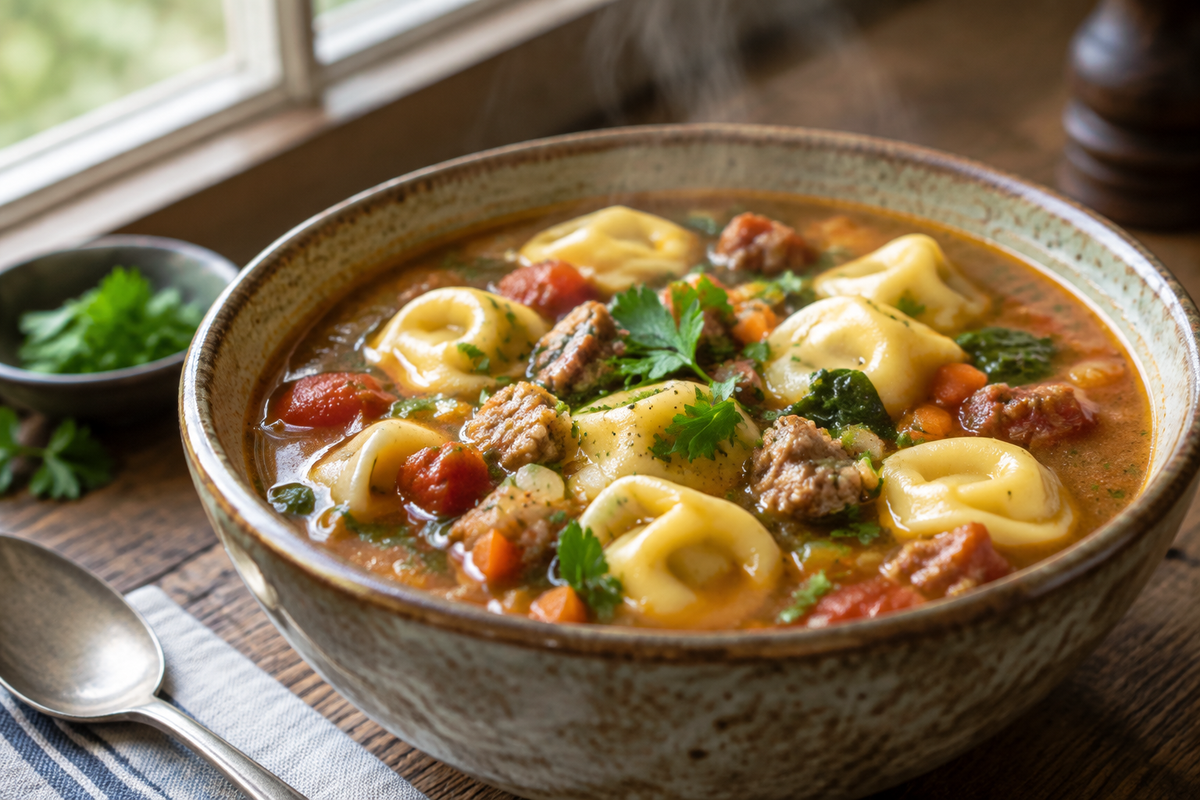 Italian sausage tortellini soup in rustic bowl garnished with parsley on wooden table