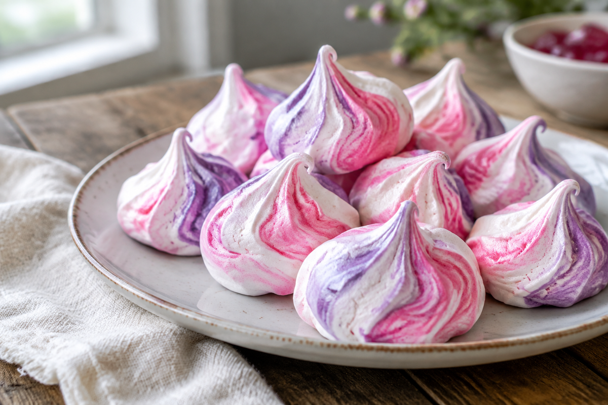 Plate of easy jello meringue cookies with colorful swirls and glossy texture under soft natural light