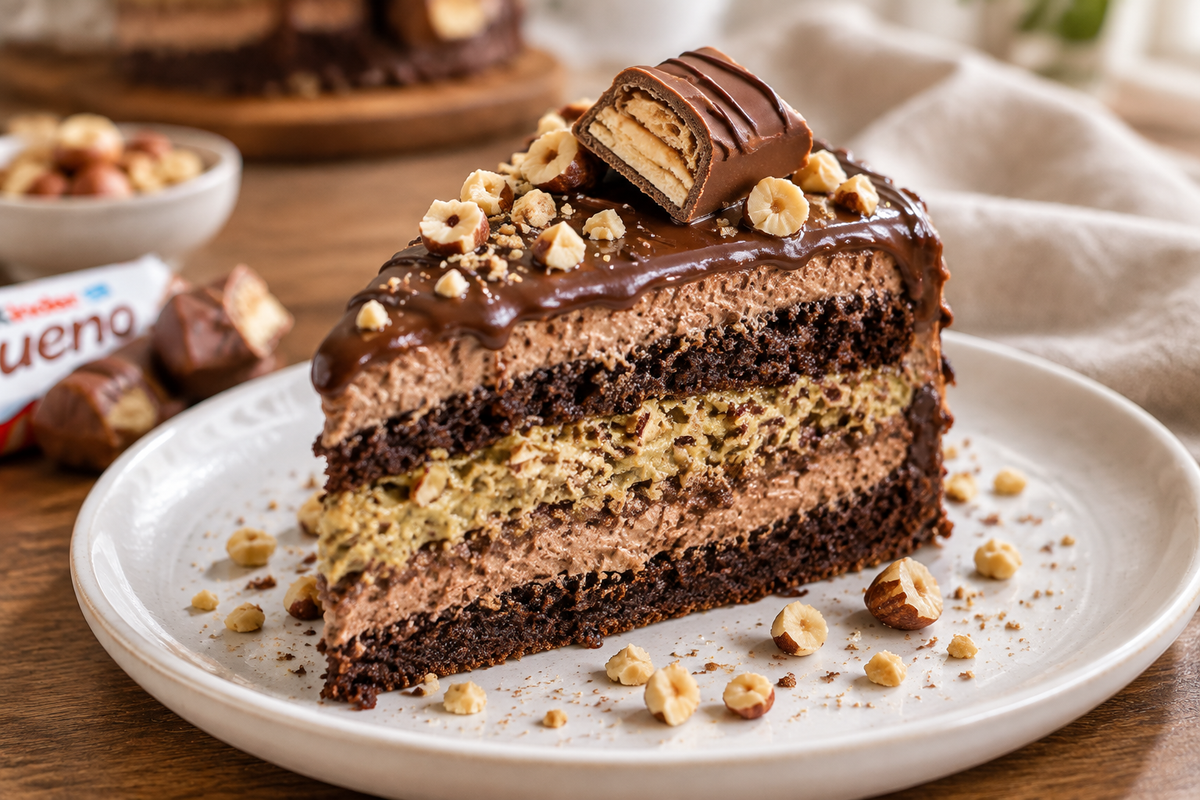 Slice of Kinder Bueno chocolate cake with creamy layers and hazelnut garnish