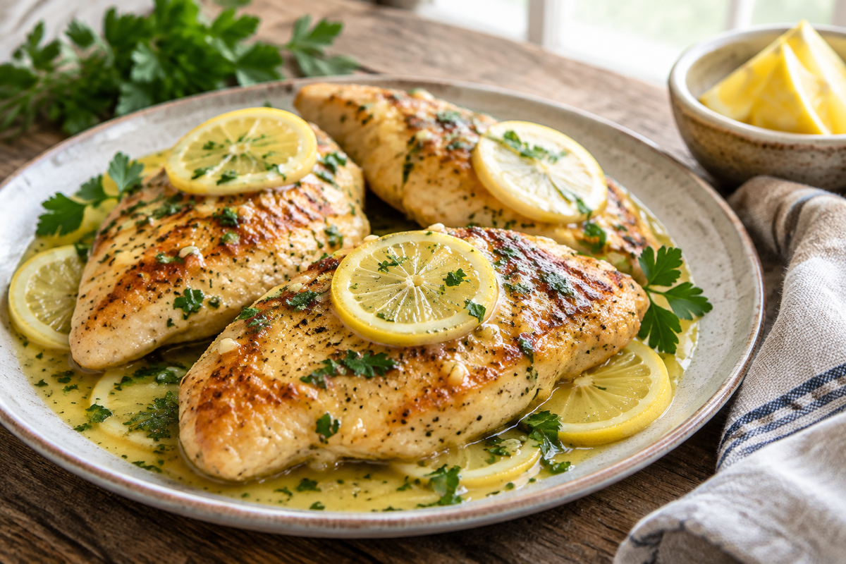 Easy lemon chicken (Pollo al Limone) plated with lemon slices and parsley garnish