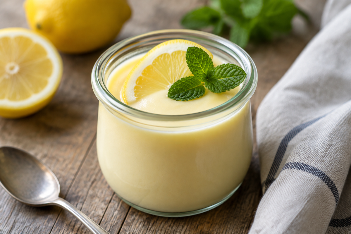 Creamy lemon posset dessert in a glass jar garnished with lemon slice and mint, showcasing the lemon posset