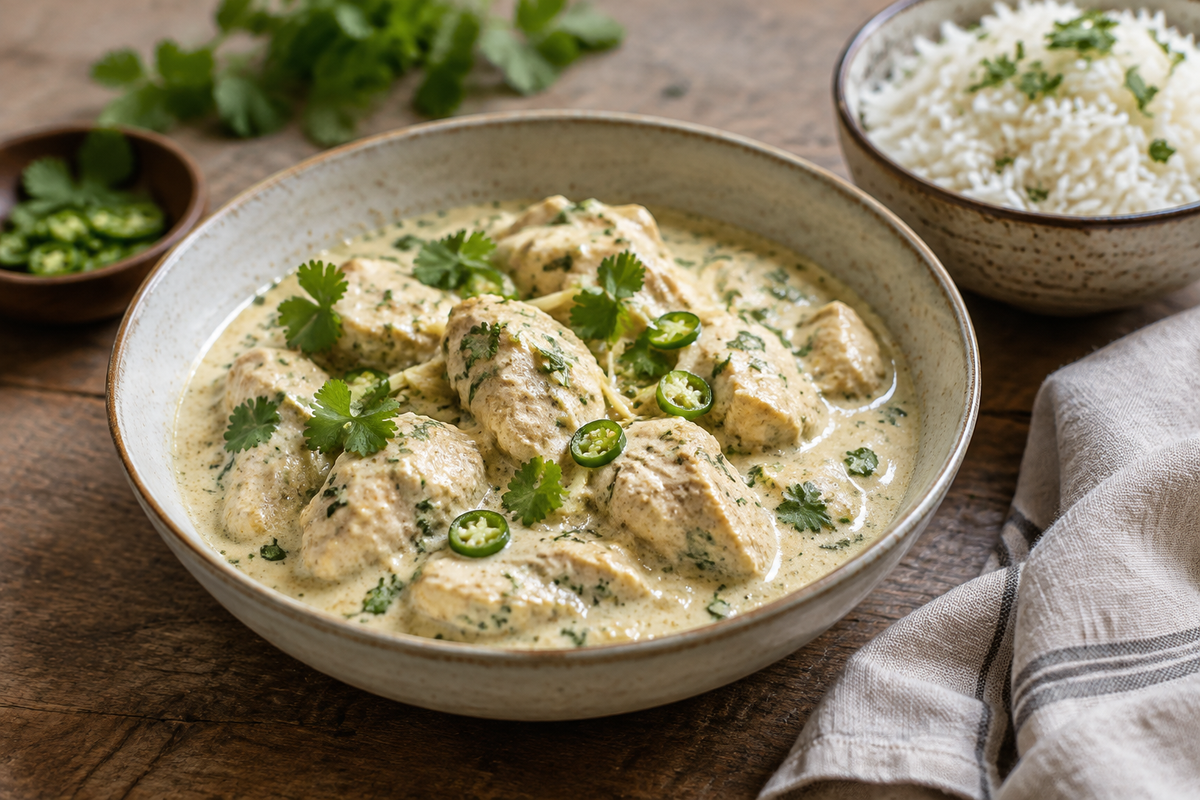 Creamy white malai chicken curry garnished with cilantro and green chilies in a bowl
