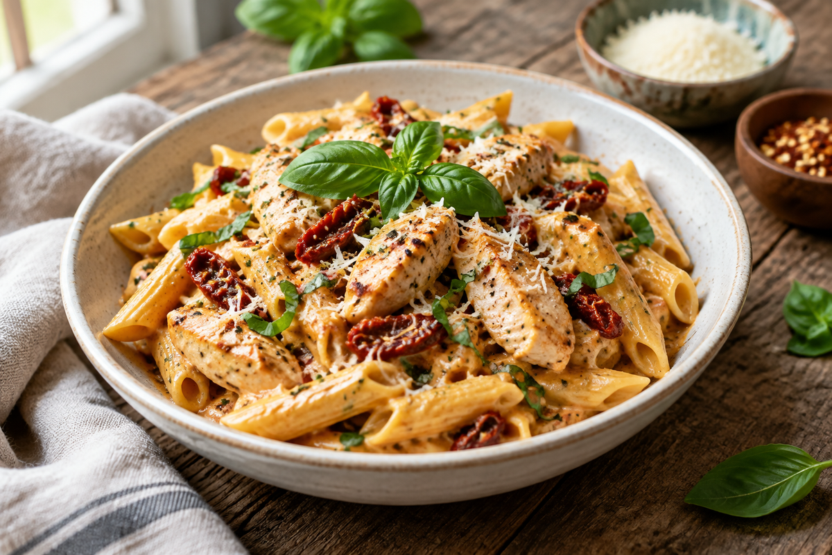 Creamy marry me chicken pasta garnished with fresh basil and sun-dried tomatoes
