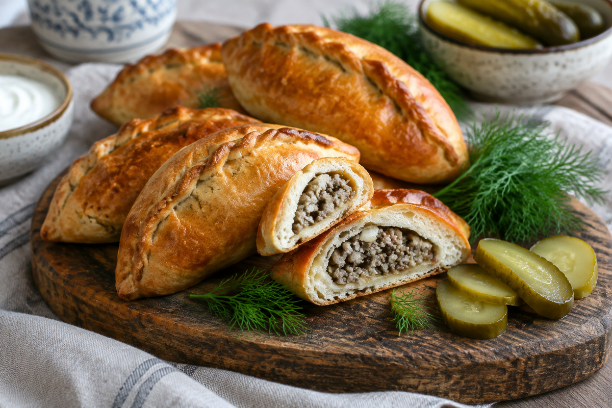 golden meat hand pies on wooden board garnished with dill and pickles, meat hand pies recipe