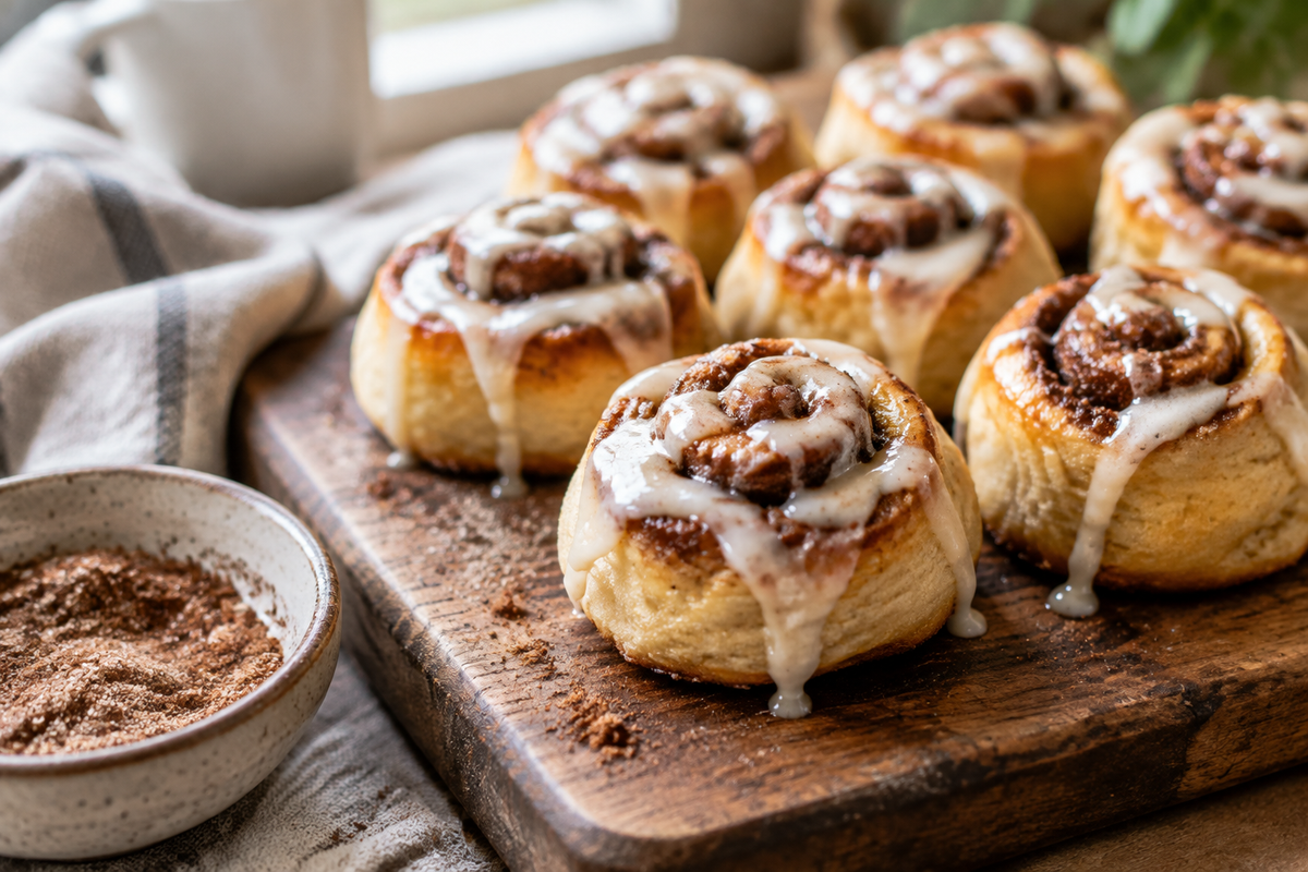 Freshly baked mini cinnamon rolls with icing, showcasing soft swirls and cinnamon sugar in a cozy breakfast setting