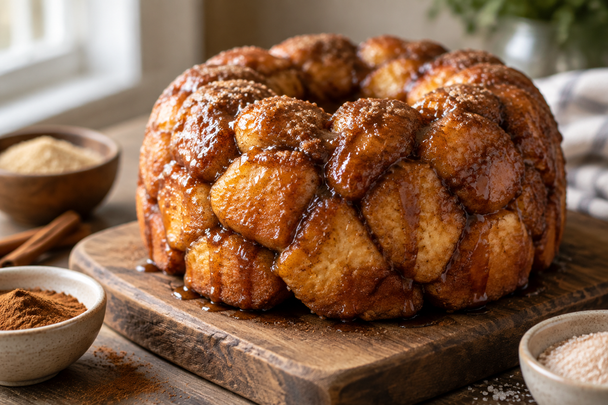 Easy monkey bread with golden cinnamon sugar glaze, soft and gooey pull-apart bites
