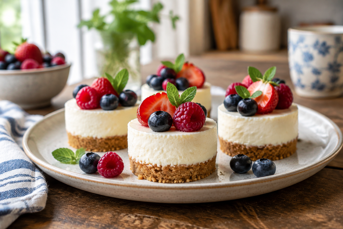 Plate of creamy no-bake cheesecake bites garnished with fresh berries and mint leaves