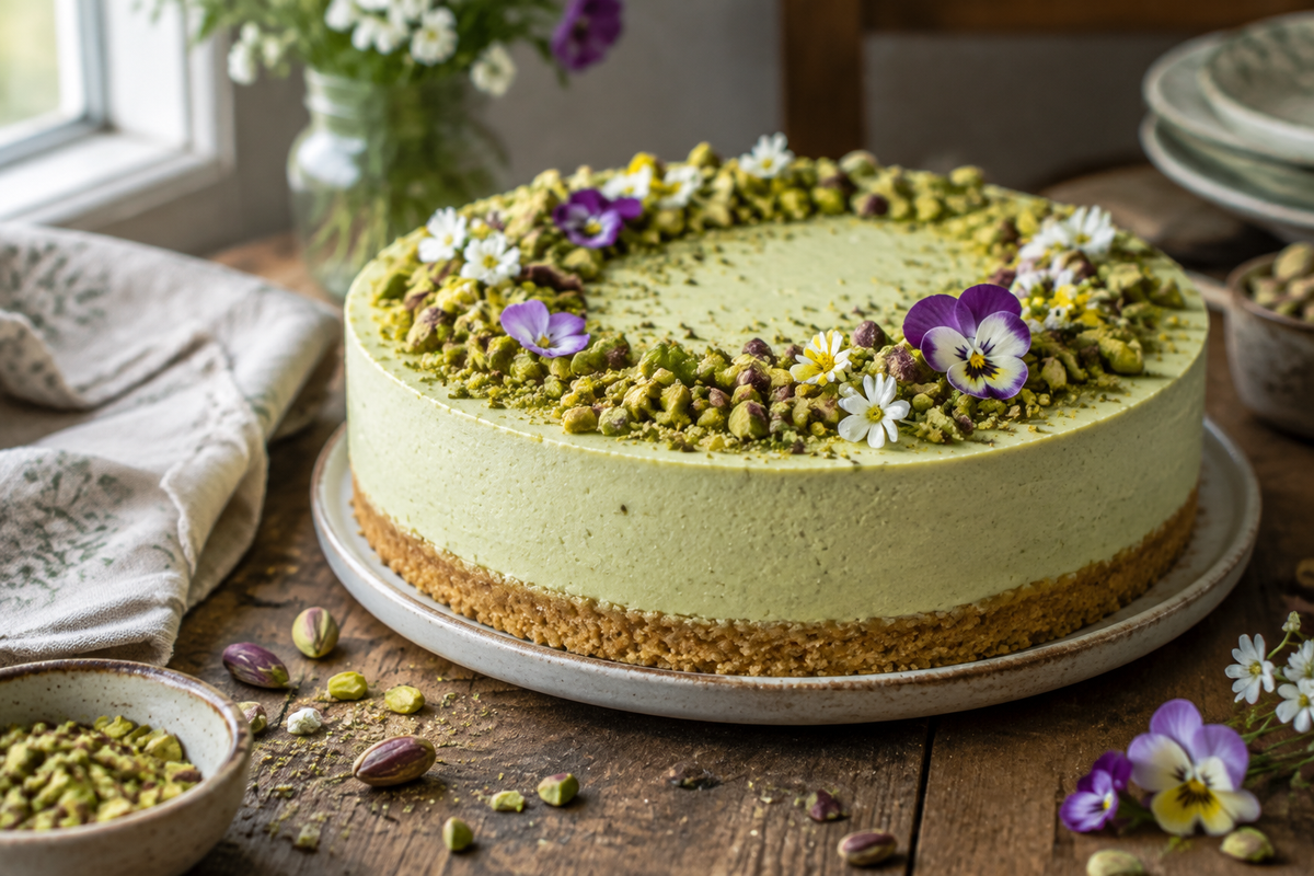 No bake pistachio cheesecake topped with crushed pistachios on a rustic wooden surface