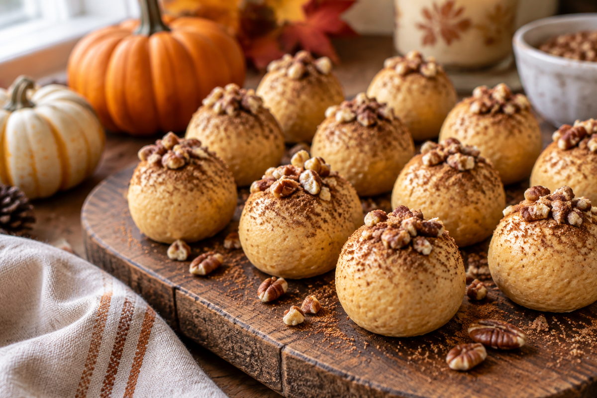 No bake pumpkin cheesecake balls on a rustic board with cinnamon and pecan garnish