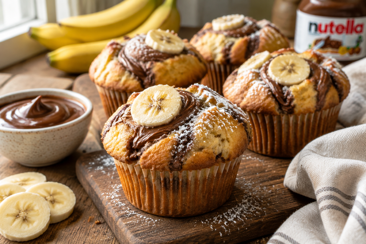 Freshly baked nutella banana muffins with swirls of nutella and banana slices on top, ready to eat