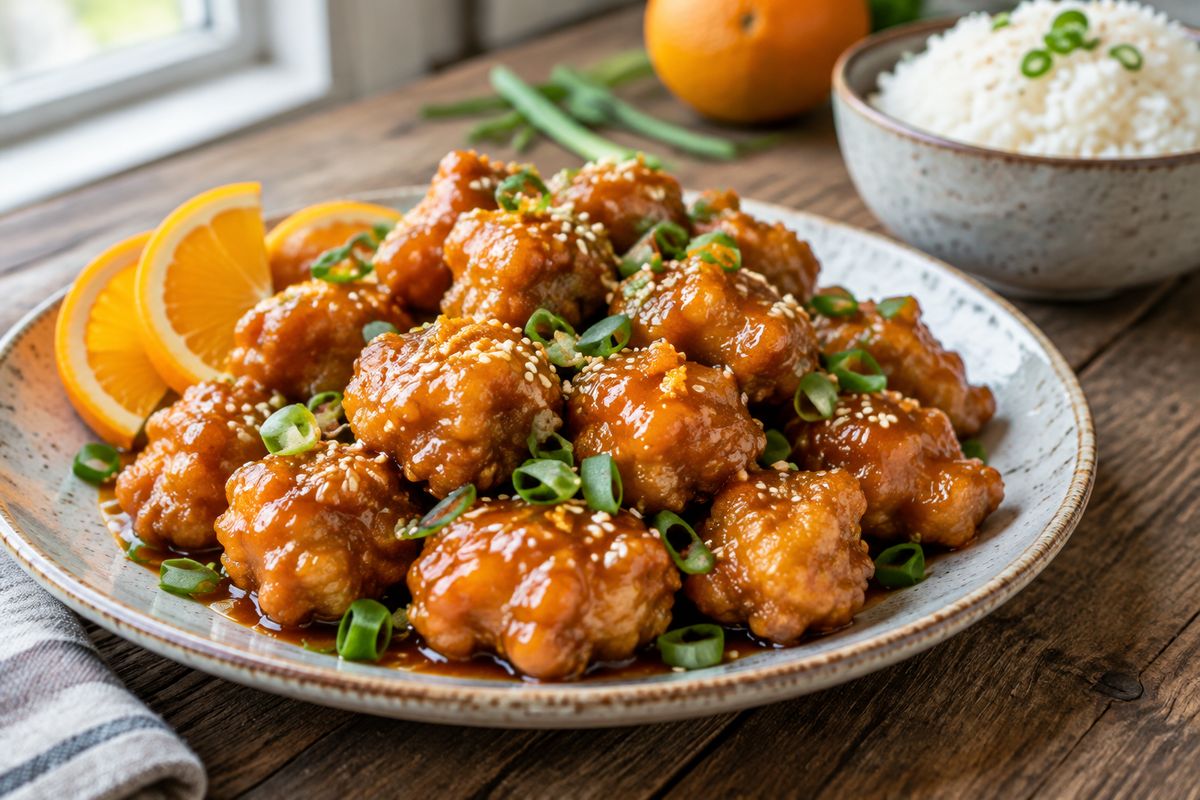 Plate of easy orange chicken with glossy orange sauce, sesame seeds, and green onions garnish