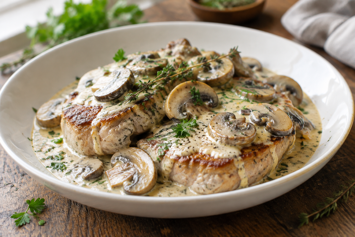 Creamy mushroom pork chops baked in the oven with mushroom sauce and fresh parsley garnish