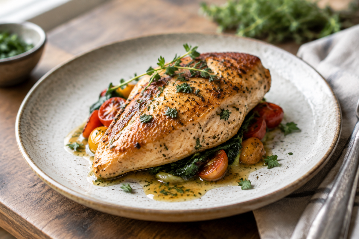 Juicy pan-seared chicken breasts with golden crust and fresh herb garnish on rustic plate