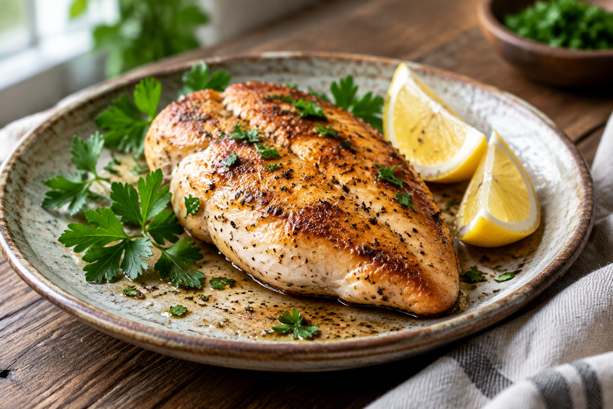 Juicy pan-seared chicken breasts with golden crust garnished with parsley and lemon wedges