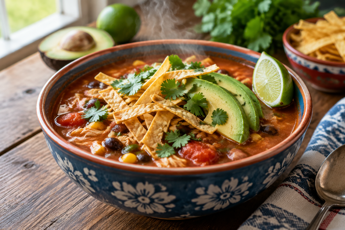 Bowl of pioneer woman tortilla soup garnished with avocado, tortilla strips, and cilantro