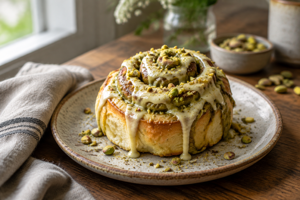 Freshly baked pistachio cream cinnamon rolls with cream frosting and crushed pistachios on top