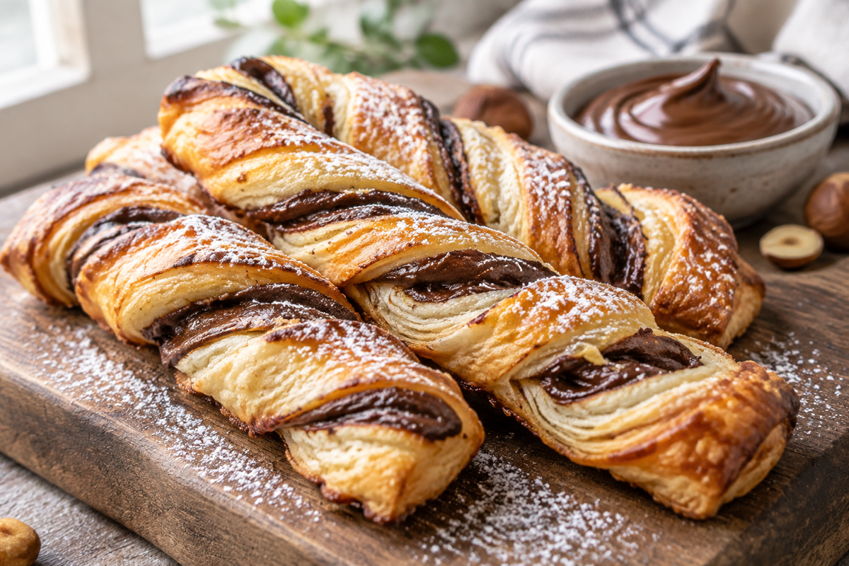 Golden flaky puff pastry Nutella twists with chocolate swirls and powdered sugar on a rustic board