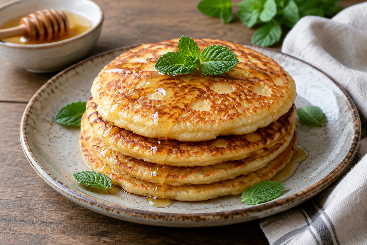 Stack of golden sooji pancakes garnished with fresh mint leaves in a healthy suji breakfast recipe