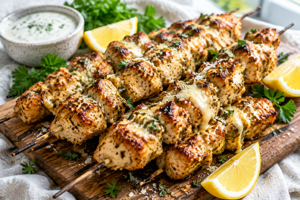 Ranch garlic chicken skewers with parmesan garnished with parsley and lemon wedges on rustic board
