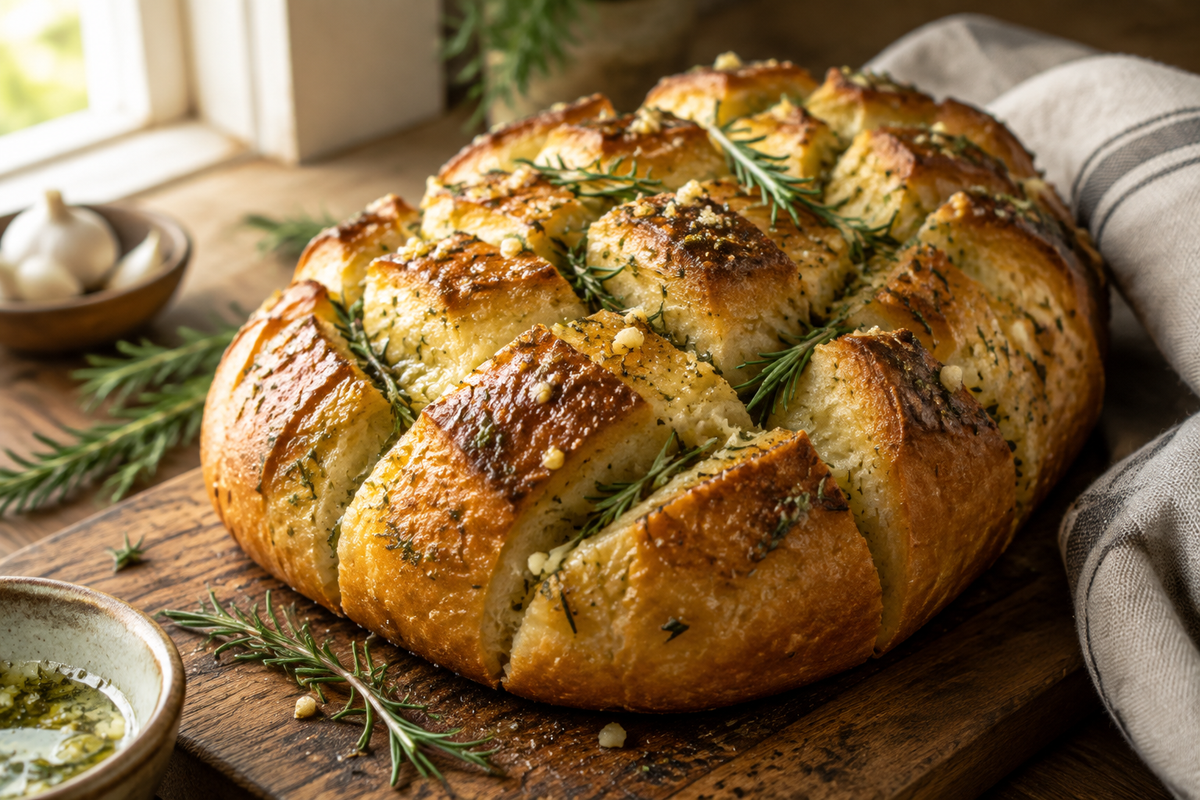 Rosemary garlic pull apart bread with golden crust and fresh rosemary garnish