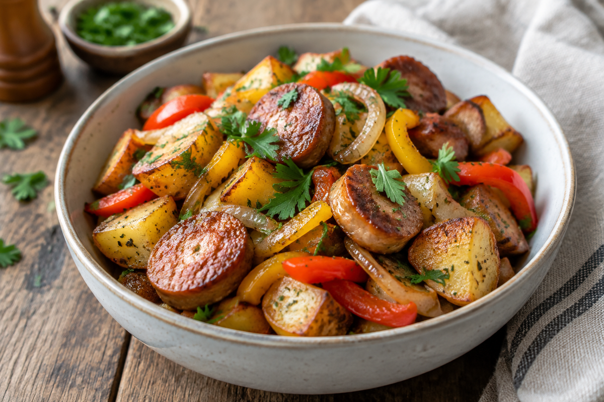 Sausage and potato meal prep breakfast bowl with roasted potatoes and sautéed vegetables