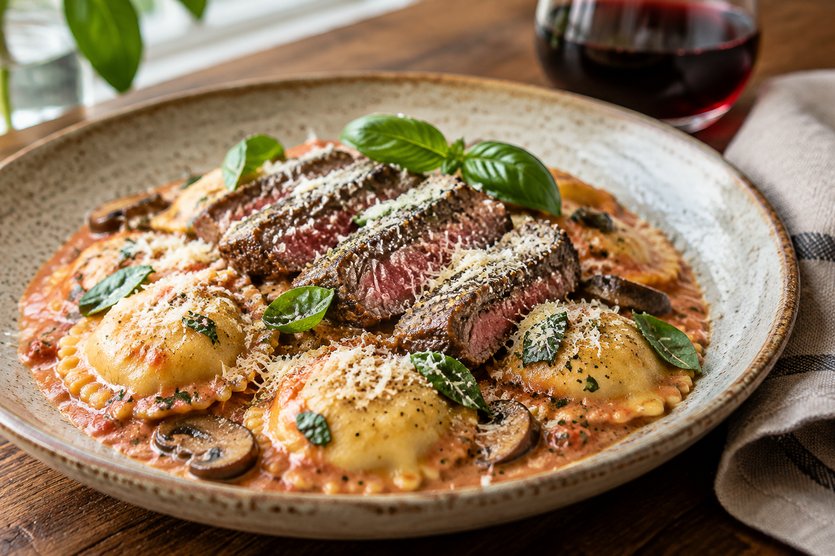 Seared steak ravioli served with creamy tomato sauce and fresh basil garnish