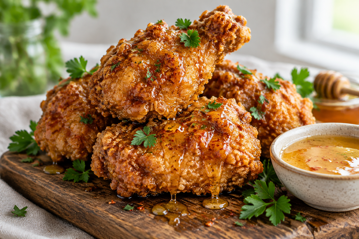 Golden crispy spicy honey butter fried chicken garnished with parsley and honey drizzle
