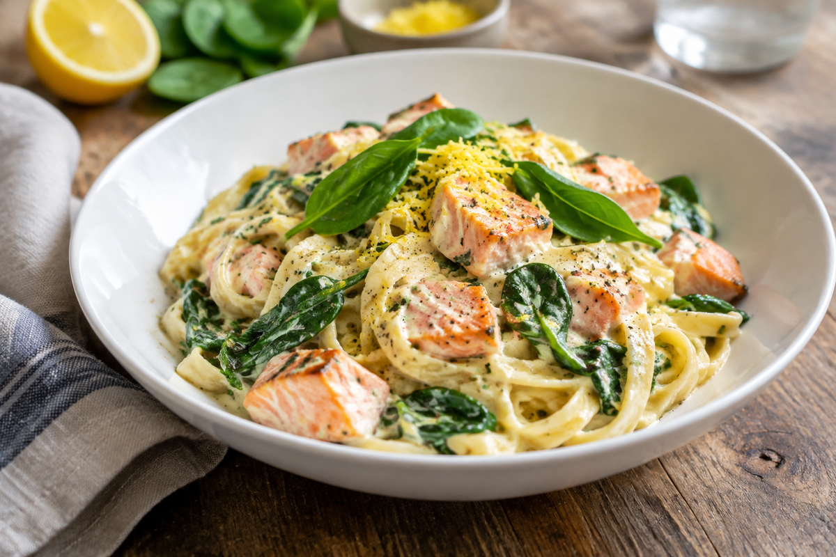 Creamy spinach salmon pasta plated and garnished with fresh spinach leaves and lemon zest, showcasing spinach salmon pasta