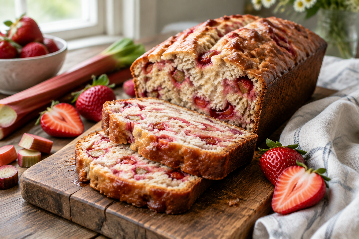 Moist strawberry rhubarb bread loaf sliced showing sweet-tart fruit, fresh and appetizing