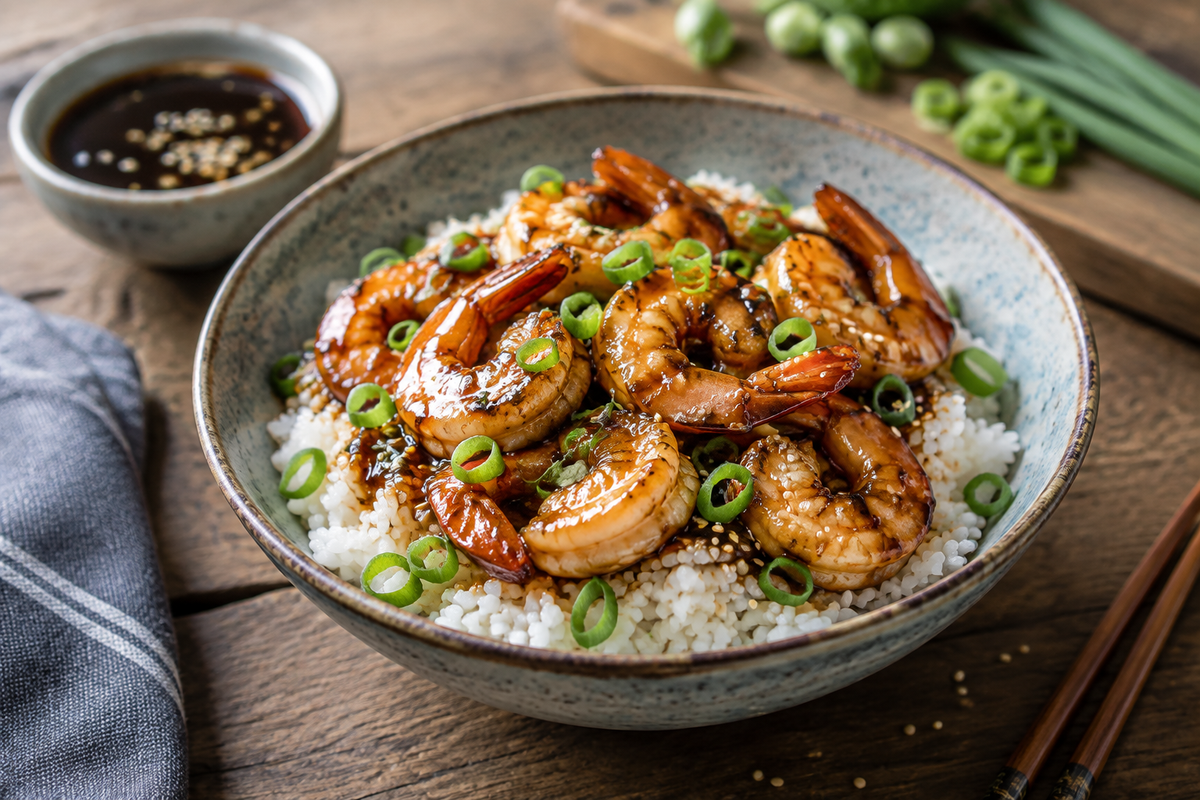 Teriyaki shrimp rice bowl with green onions and sesame seeds, showcasing teriyaki shrimp rice