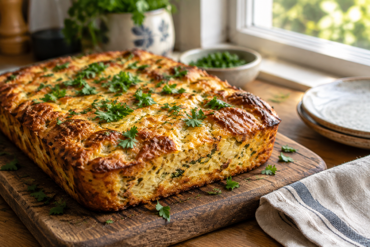 Golden brown easy savory bake garnished with fresh parsley on a rustic wooden board