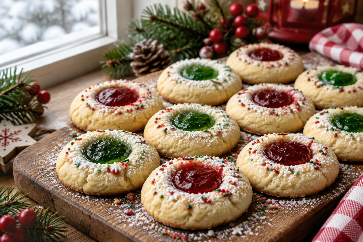 Easy thumbprint Christmas cookies with colorful jam centers on a rustic board, festive and delicious thumbprint christmas cookies