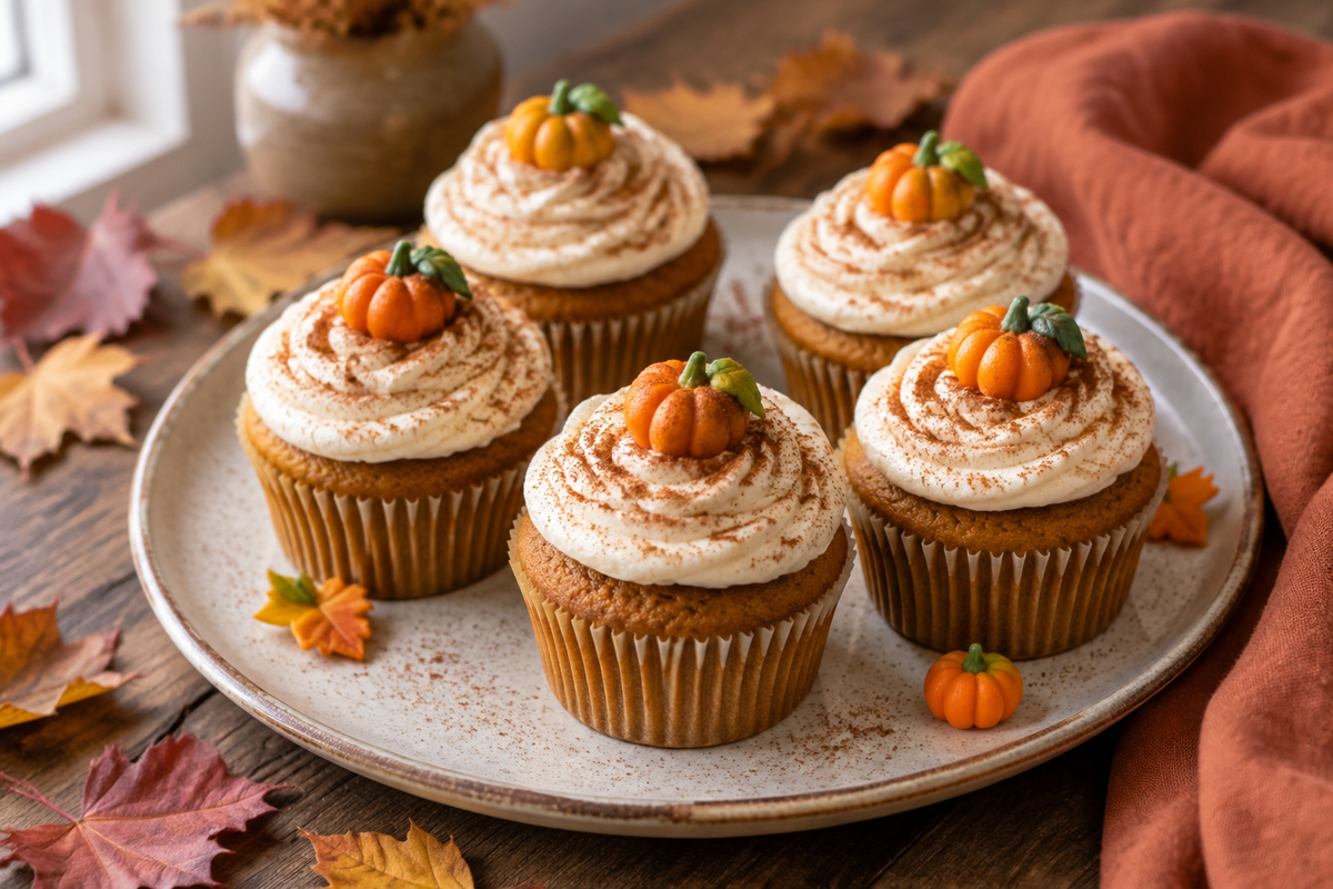 Easy vegan pumpkin cupcakes topped with creamy buttercream pumpkins on a rustic wooden surface