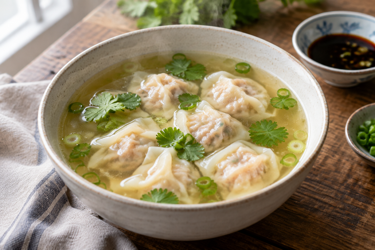 Bowl of easy wonton soup with translucent wontons and green onion garnish in clear broth