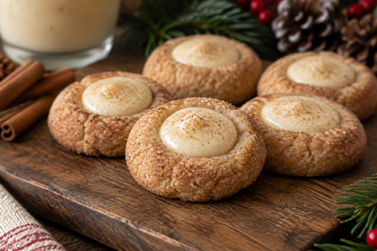 Eggnog snickerdoodle cookies with cinnamon sugar coating and creamy thumbprint centers on wooden board