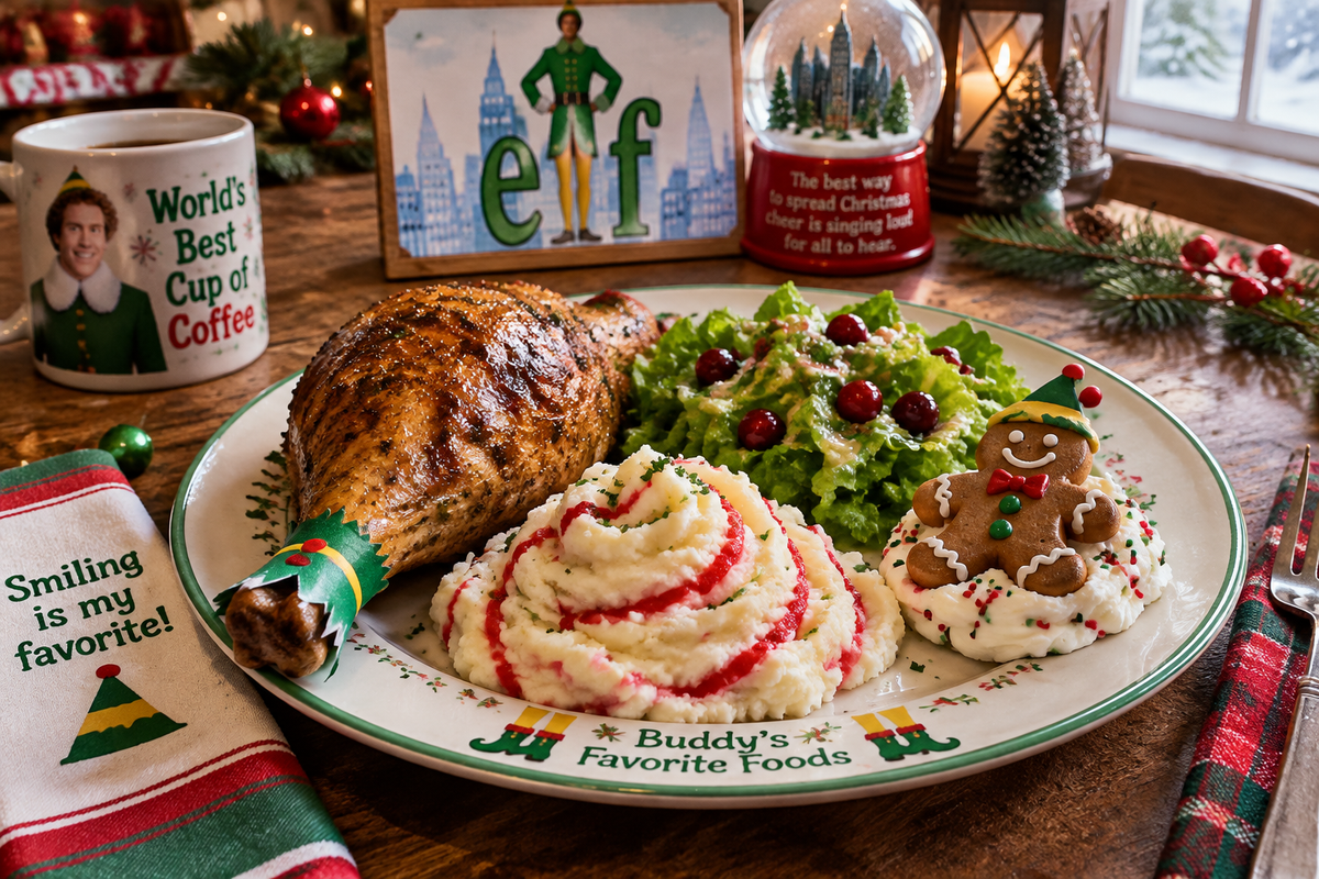 Elf movie dinner plate with roasted turkey leg, candy cane mashed potatoes, salad, and gingerbread dessert
