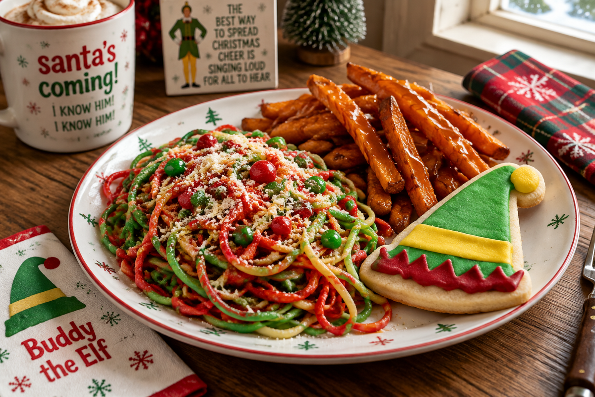 Festive elf movie dinner plate with colorful spaghetti, sweet potato fries, and elf hat sugar cookie