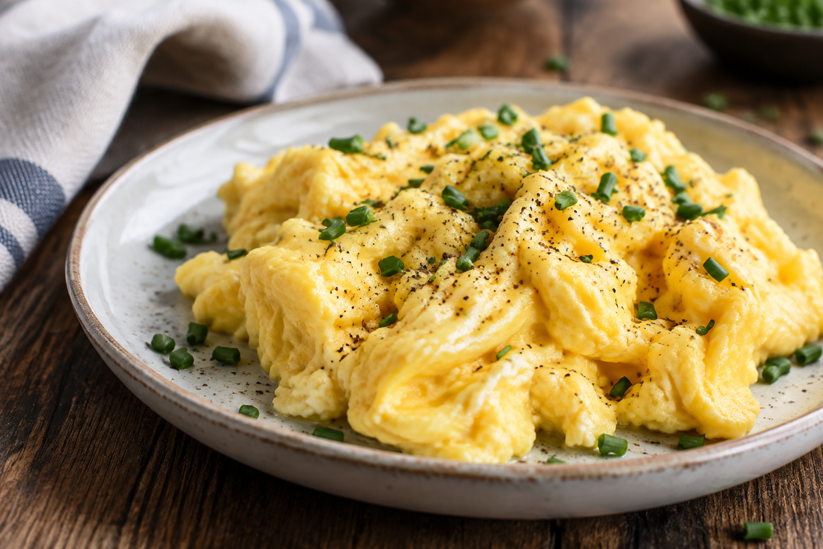 Plate of extra fluffy scrambled eggs garnished with chives and black pepper, showing creamy texture