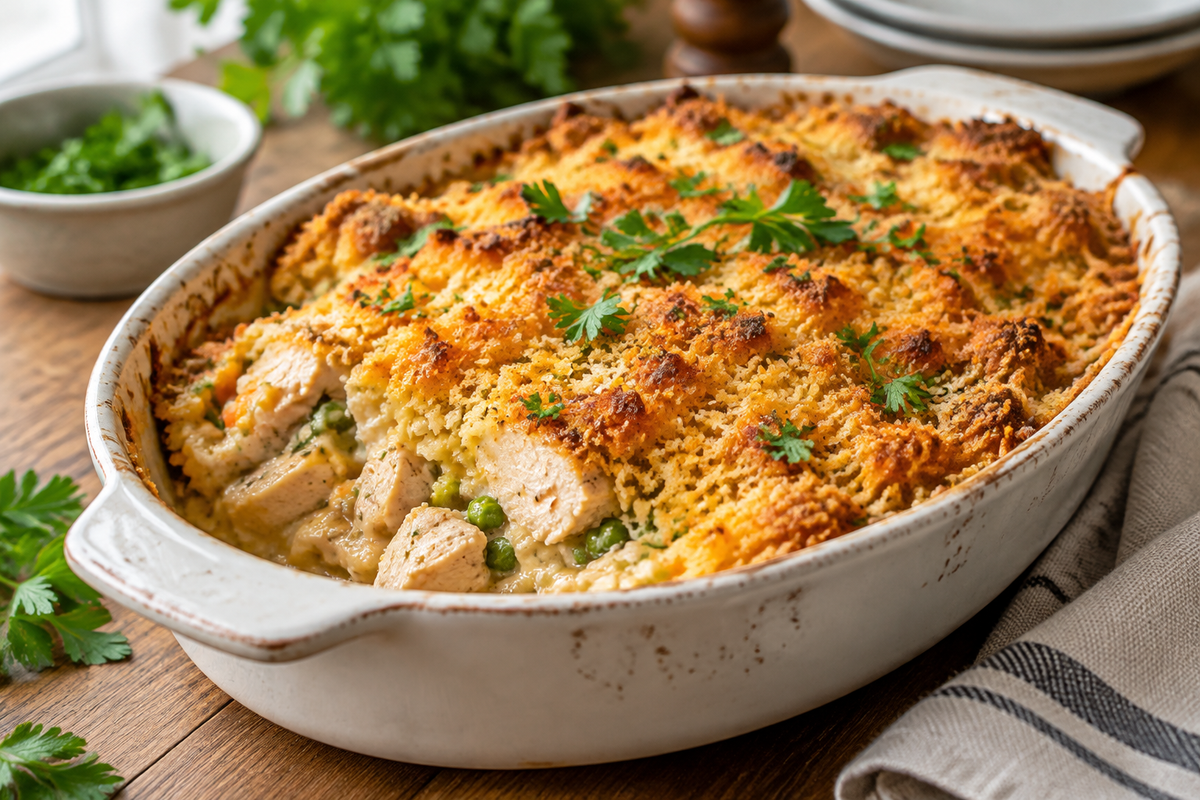 Famous Neiman Marcus chicken casserole in a white dish with crispy topping and parsley garnish