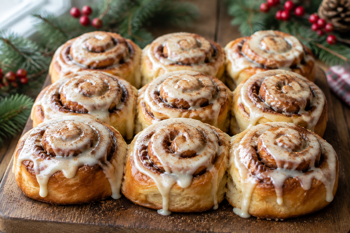 9 festive Christmas cinnamon rolls with glaze and cinnamon sprinkle on rustic board