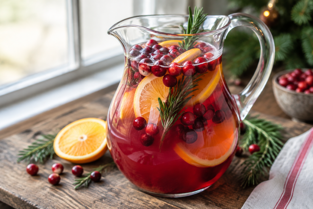 Christmas punch mocktail in glass pitcher garnished with cranberries, orange slices, and rosemary sprigs