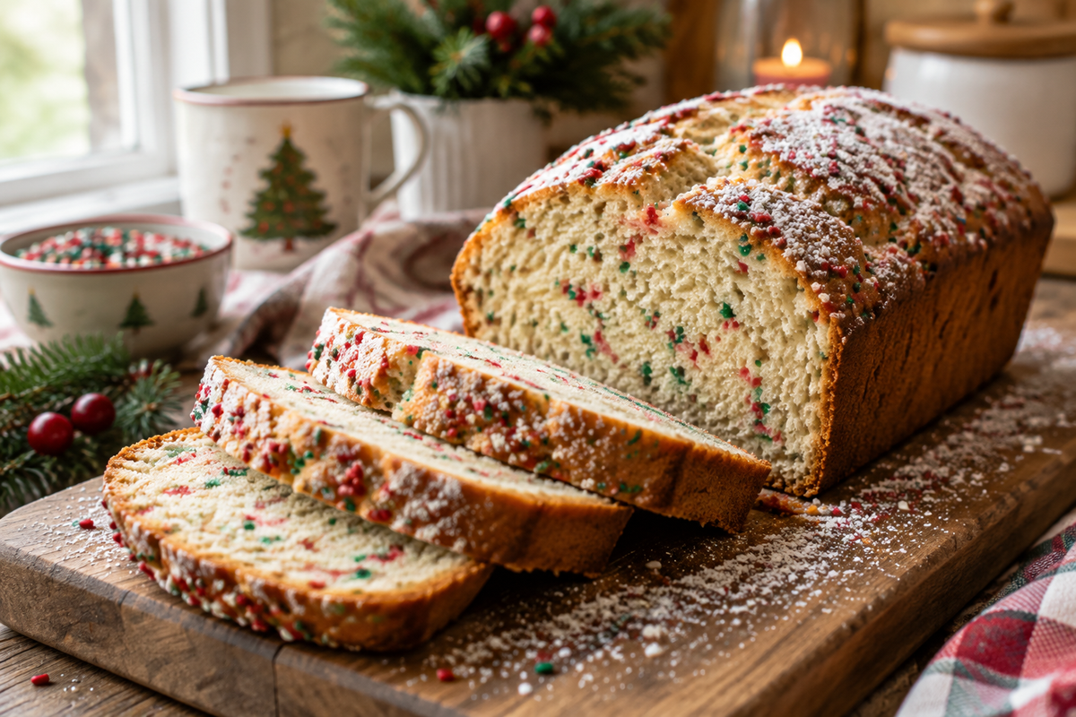 Sliced festive Christmas sprinkle buttermilk bread with colorful sprinkles in soft natural light