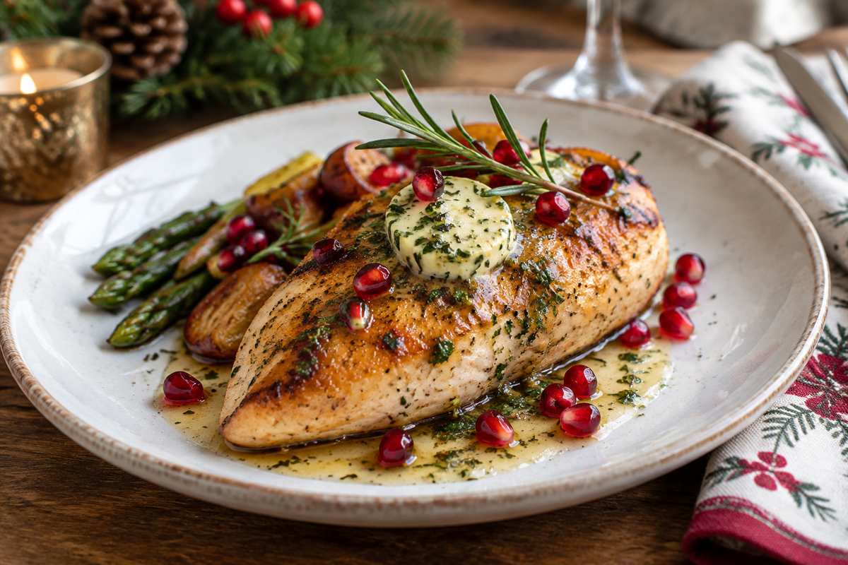 Festive copycat chicken breast recipe plated with herb butter glaze and holiday garnishes