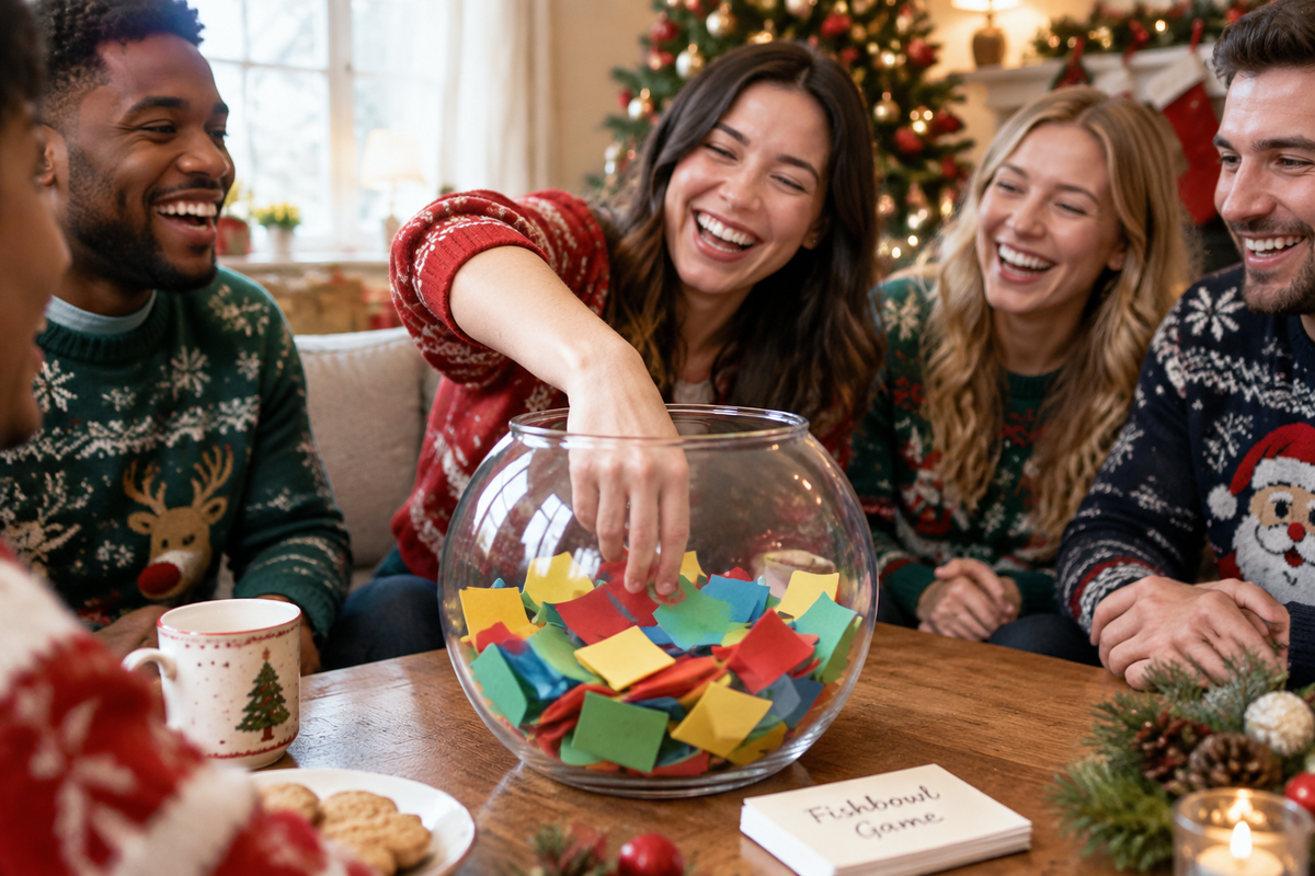 The fish bowl game setup with colorful slips and laughing people at a Christmas party