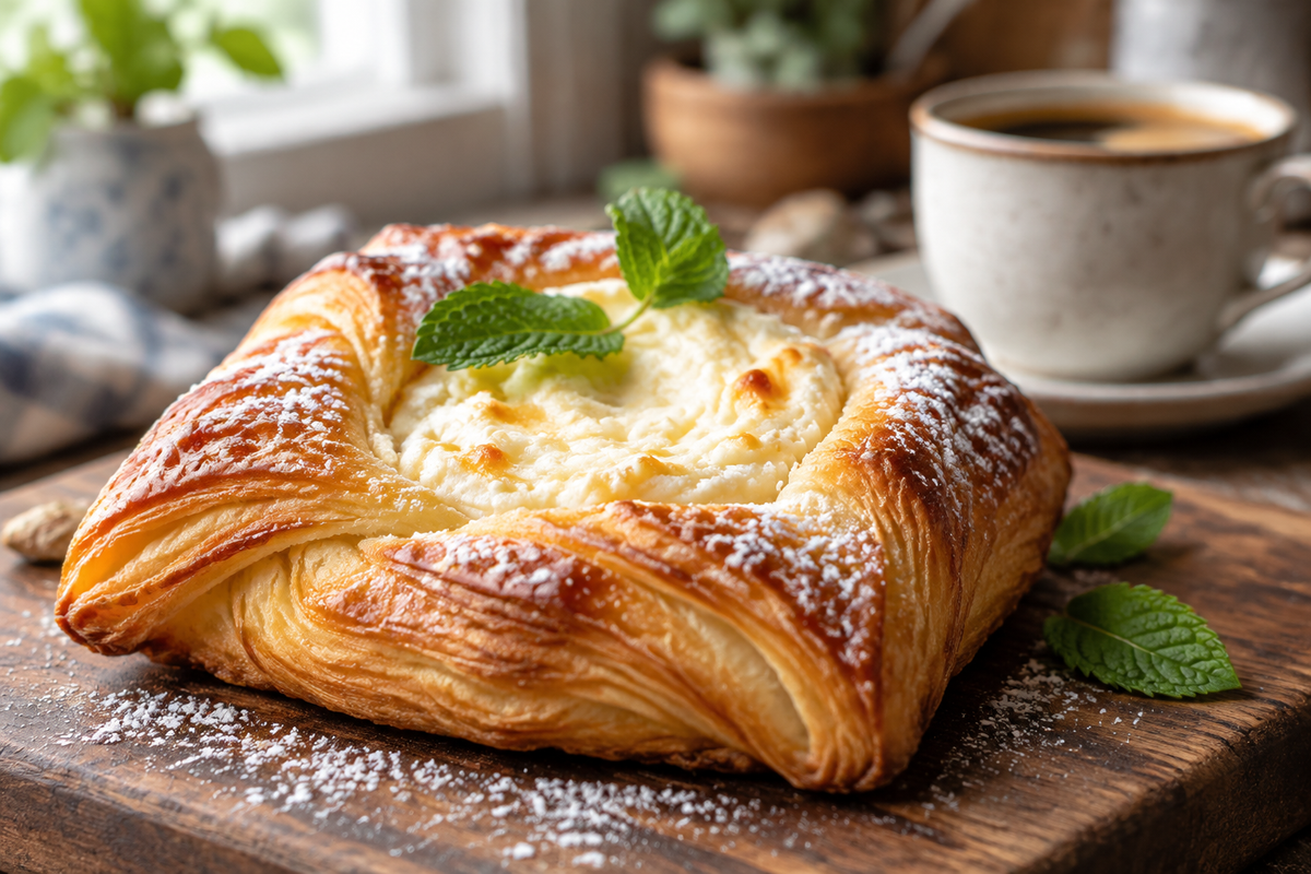 Flaky cheese danish pastry with golden layers and creamy cheese filling on rustic board