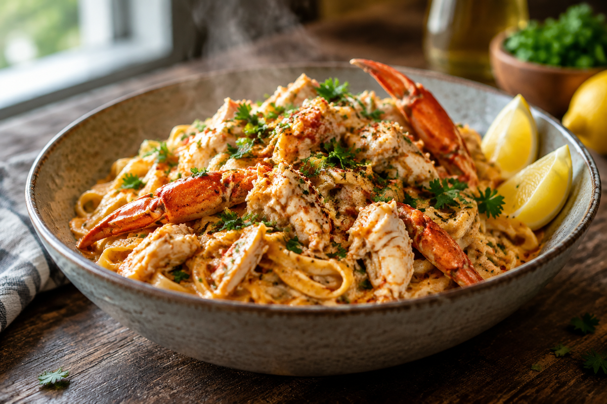 Flavorful crab pasta with Cajun sauce garnished with parsley and lemon wedges