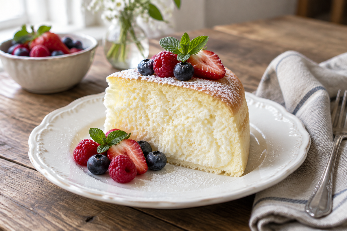 Slice of the fluffiest yogurt cloud cake garnished with fresh berries and mint in natural light