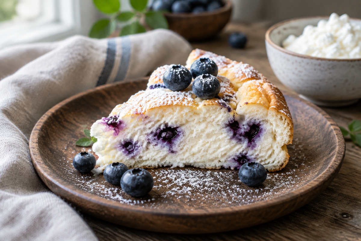Fluffy cottage cheese blueberry cloud bread slice garnished with fresh blueberries
